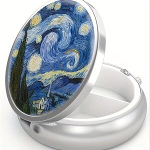 3 Compartment Round Metal Pill Organizer with Vibrant Starry Night Print NIP